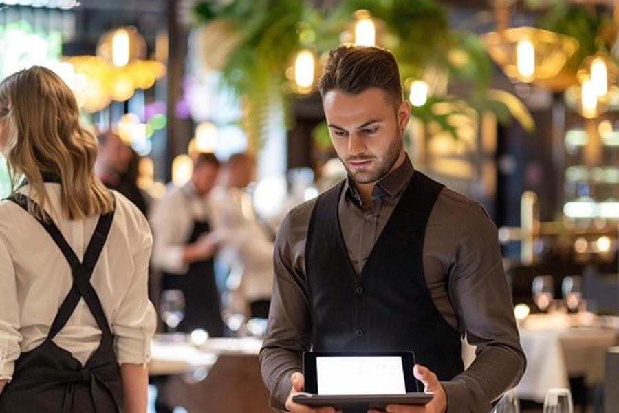 Uniformed restaurant host presenting a menu to a guest